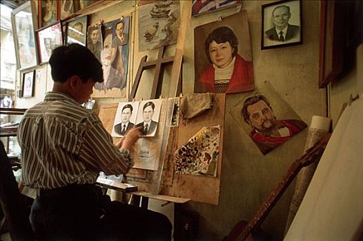 越南,河内,男人,绘画,工作室