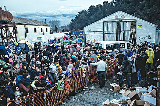 难民,露营,边界,队列,食物,中马其顿,希腊,欧洲