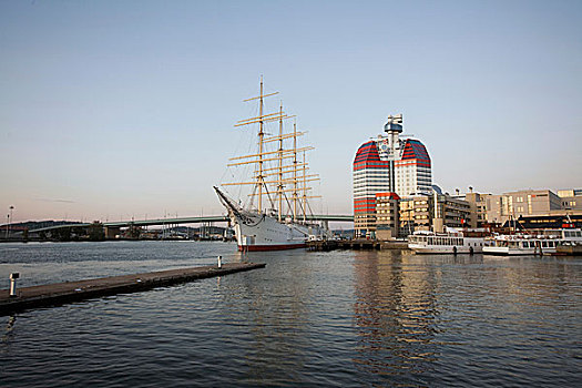 红色,白色,摩天大楼,帆船,停泊,港口,哥德堡,瑞典