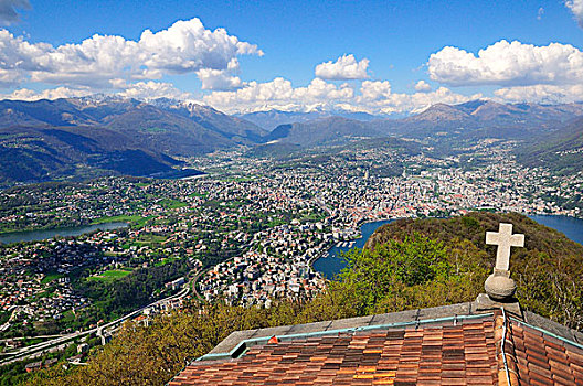 风景,上方,屋顶,小教堂,卢加诺,湖,阿尔卑斯山,蒙特卡罗,山,提契诺河,瑞士,欧洲