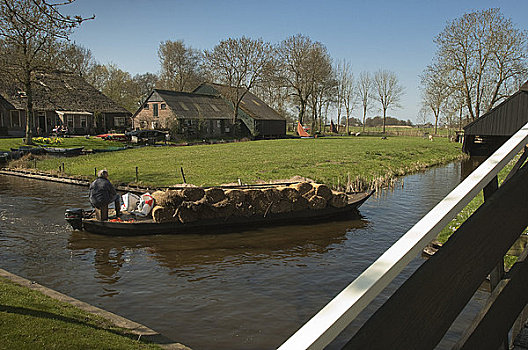 男人,平底船,运河,上艾瑟尔省,荷兰