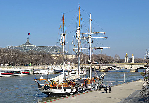 法国,法兰西岛,巴黎,纵帆船,三桅帆船,码头