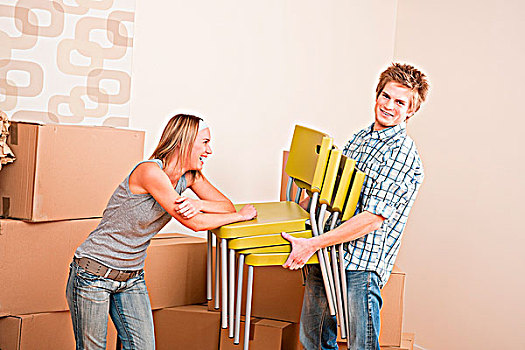搬家,年轻,情侣,盒子,椅子,新家