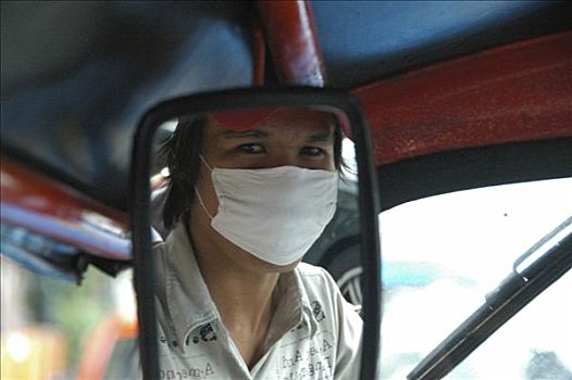 嘟嘟车,驾驶员,戴着,面罩,坏,空气,曼谷,泰国,亚洲