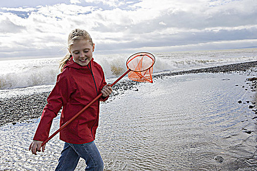 女孩,走,海滩,渔网