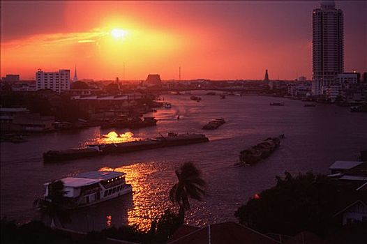 泰国,曼谷,驳船,日落