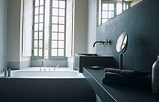 浴室,镶嵌图案,砖瓦,水槽,暗色,灰色