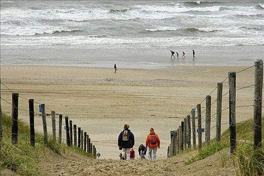 家庭,孩子,走,沙丘,海滩,荷兰南部,荷兰