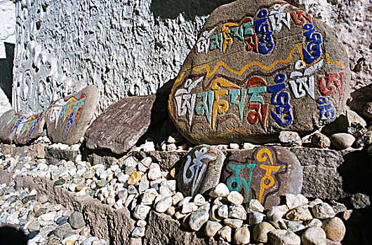 石头,佛教,颂歌,咒语,列城,查谟-克什米尔邦,印度,亚洲