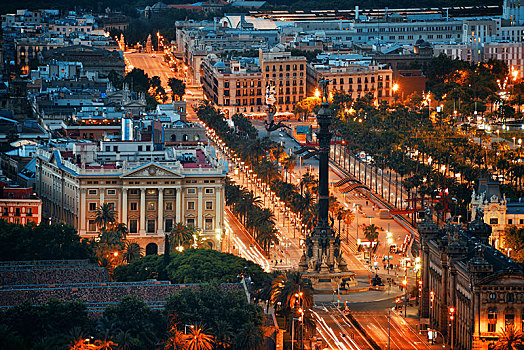 巴塞罗那,夜景,纪念建筑,哥伦布,西班牙