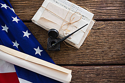 美国国旗,宪法,文件,木桌子