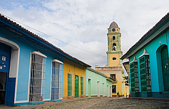特立尼达,古巴,老,鹅卵石,街道,漂亮,教堂,城市
