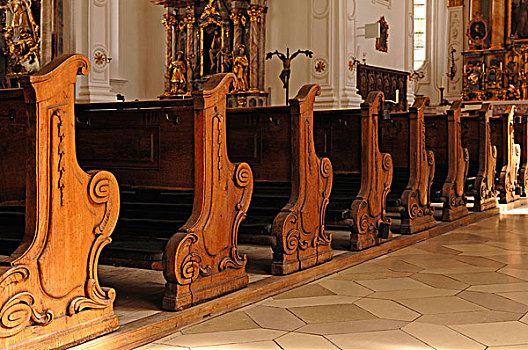 老,雕刻,教堂长椅,教区,教堂,玛利亚广场,上巴伐利亚,德国,欧洲