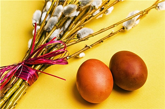 束,柳树,枝条,两个,复活节彩蛋