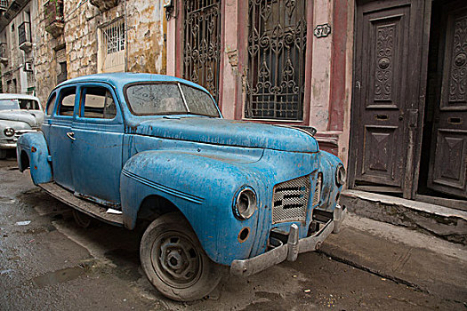 古巴,哈瓦那,老,蓝色,汽车,小路,哈瓦那旧城,世界遗产