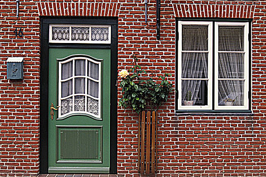 绿色,门,红砖,房子