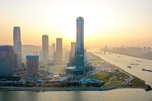 航拍广东珠海十字门中央商务区横琴片区高楼大厦建筑群