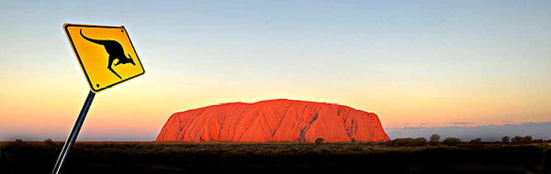全景,袋鼠,警告,标识,乌卢鲁巨石,石头,日落,乌卢鲁卡塔曲塔国家公园,北领地州,澳大利亚