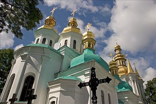 乌克兰,基辅,寺院,洞穴,风景,教堂,出生,树,蓝天,云,2004年
