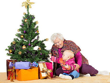 奶奶,婴儿,圣诞树