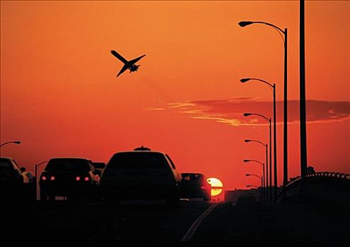 飞机,汽车,日落,运输,塞车,迈阿密海滩,北美