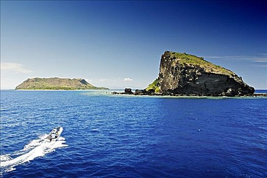 斐济,玛玛努卡群岛,小船,接近,家,胜地,生动,岩石构造,前景,海洋