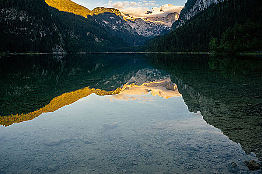湖,山脉,日落,风景,萨尔茨卡莫古特,奥地利
