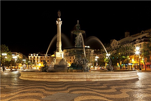 里斯本,喷泉,雕塑,罗斯奥广场,夜晚