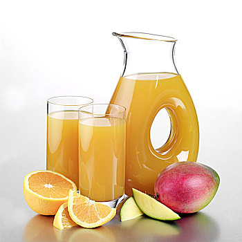 罐,芒果,橙汁,两个,满,玻璃杯