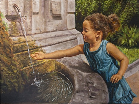 油画,帆布,小女孩,靠近,喷泉