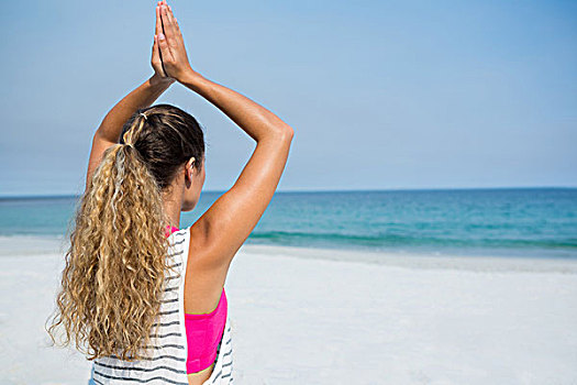 女人,练习,瑜珈,海滩,清晰,蓝天
