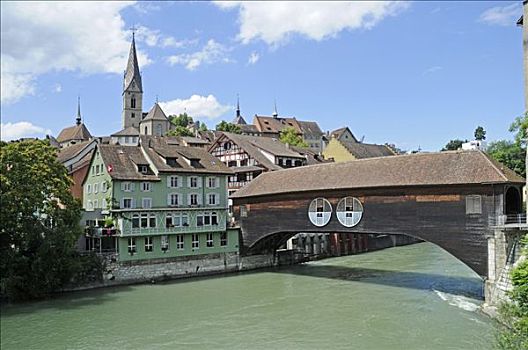 木桥,穿过,利马特河,历史名城,中心,教堂,巴登,阿尔皋,瑞士,欧洲
