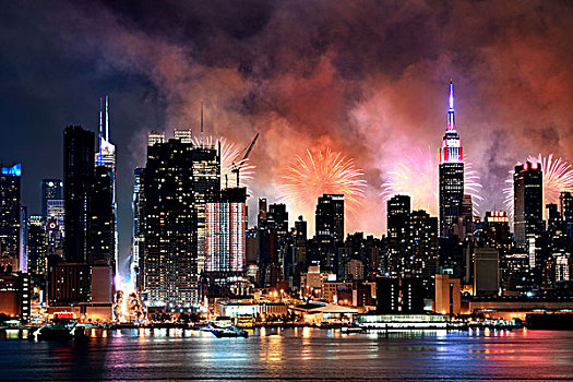 烟花,展示,曼哈顿,市中心,摩天大楼,纽约,天际线,夜晚