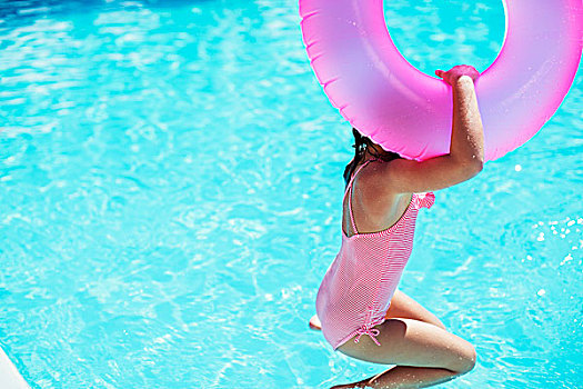 女孩,粉色,游泳圈,跳跃,游泳池