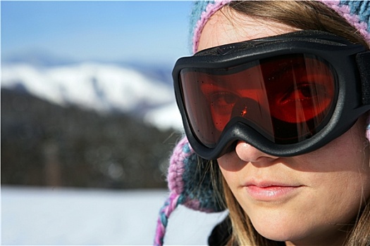 头像,年轻,女人,穿,滑雪帽,雪地