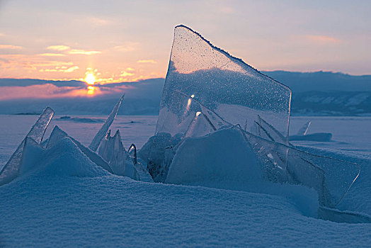 自然,透明,冰雕,日落,贝加尔湖,伊尔库茨克,区域,西伯利亚,俄罗斯