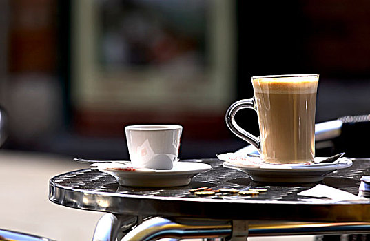 浓咖啡,拿铁咖啡,玛奇朵咖啡,桌子,布置,威尼斯,意大利,欧洲
