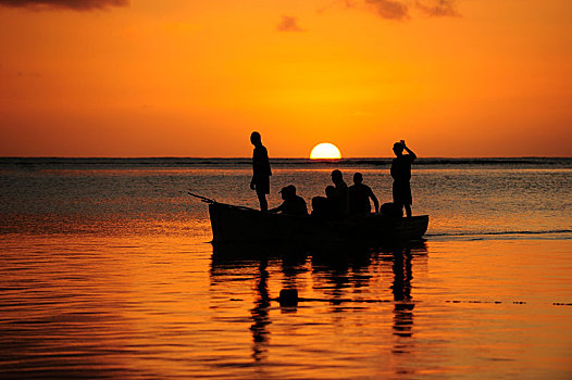 渔民,船,日落,毛里求斯,非洲