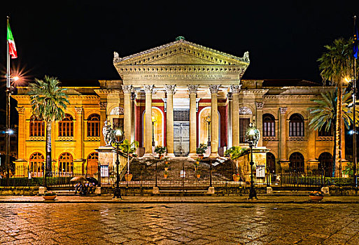 歌剧院,夜晚,广场,历史,中心,巴勒莫,西西里,意大利,欧洲