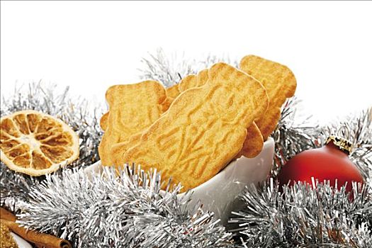 调味,饼干,白色,碗,圣诞装饰,肉桂棒,橙子片,圣诞树球