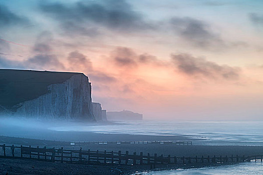 雾状,冬天,日出,姐妹,悬崖,风景,英格兰