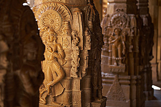 雕刻,柱子,耆那教,庙宇,斋沙默尔,拉贾斯坦邦,印度