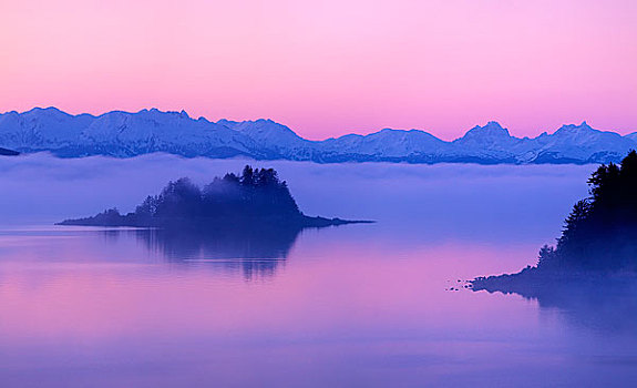 雾状,粉色,日落,上方,奇尔卡特山脉,通道,靠近,东南阿拉斯加,冬天