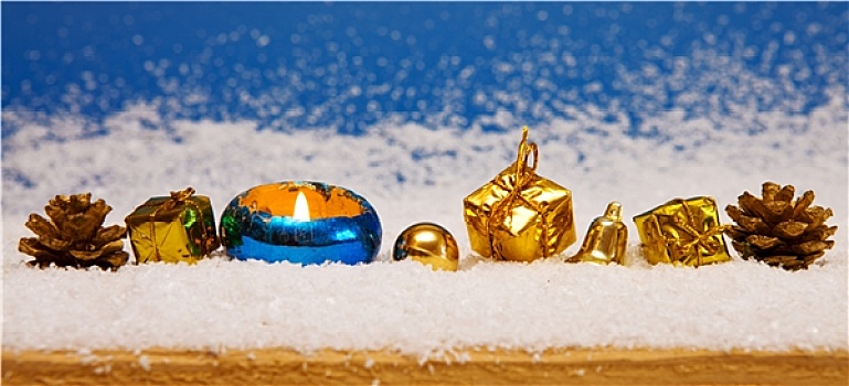 金色,圣诞装饰,隔绝,蓝色背景,背景