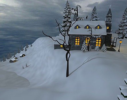 冬季风景,雪橇,小屋