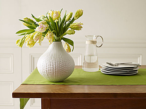 清新,花,白色,花瓶,桌子,绿色,跑步者