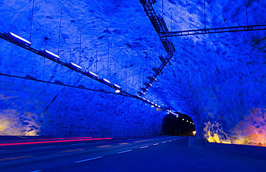 挪威,隧道,世界,英里,长,蓝色,涂绘,交通,定时暴光