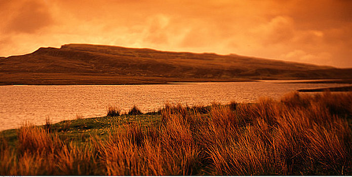 俯视,风景,湖,日落,苏格兰