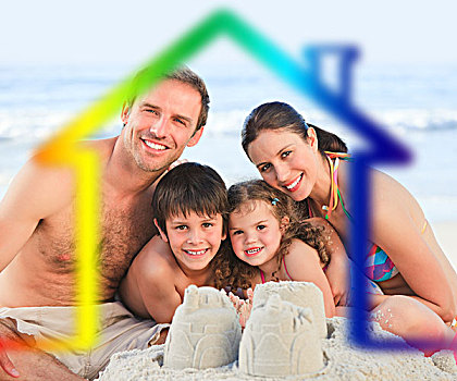 幸福之家,海滩,彩色,房子,插画