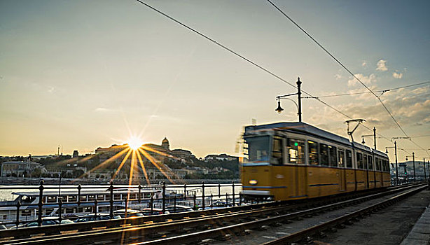 有轨电车,日落,多瑙河,匈牙利,布达佩斯
